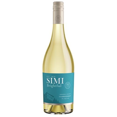 A bottle of SIMI Brightful Low Alcohol Chardonnay on a blank background.