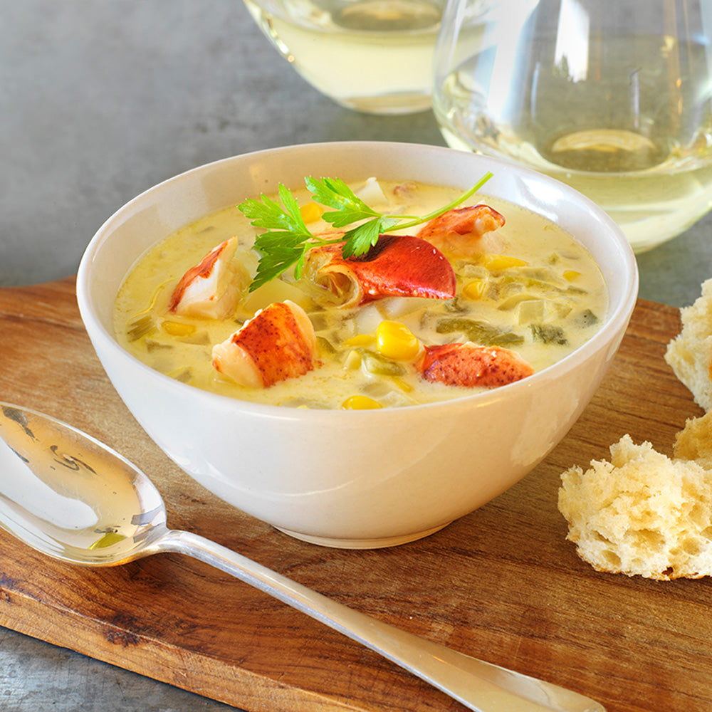 Pair with SIMI Chardonnay - a bowl of Lobster, Corn, and Poblano Chowder