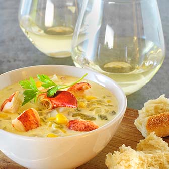 Lobster Corn and Poblano Chowder paired with SIMI Chardonnay
