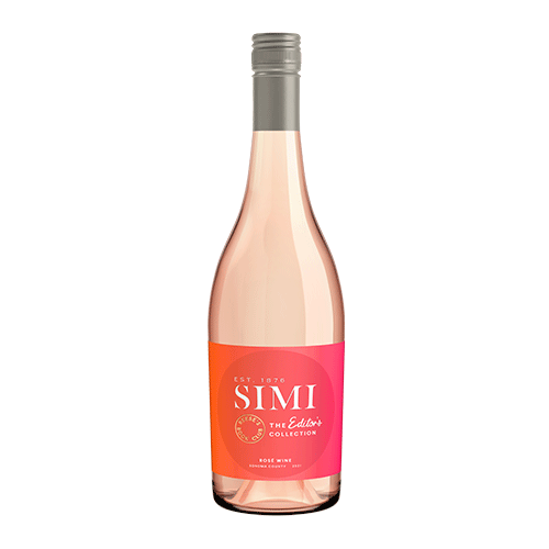 A bottle of 2021 SIMI Rose Sonoma County on a light gray background.