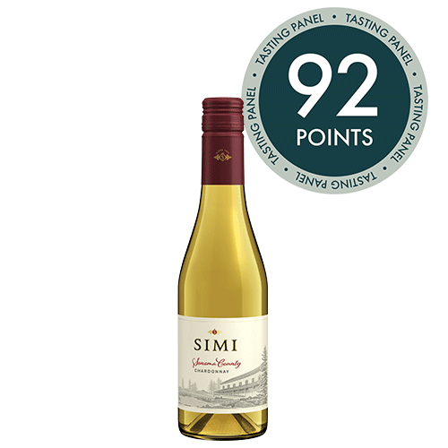 A bottle of 2018 SIMI Chardonnay Sonoma County 375ml on a light gray background.