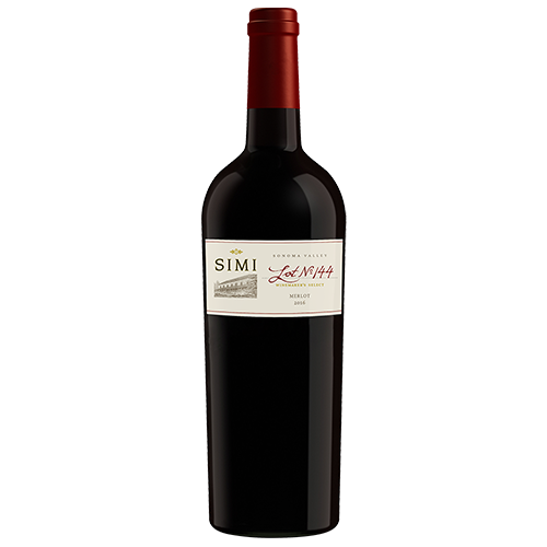 A bottle of 2016 SIMI Winemaker's Select Lot No 144 Merlot Sonoma Valley on a light gray background with the label facing forward.
