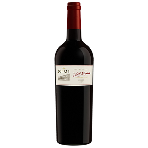 A bottle of 2016 SIMI Winemaker's Select Lot No 144 Merlot Sonoma Valley on a light gray background with the label facing forward.