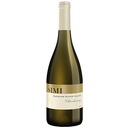A bottle of 2019 SIMI Chardonnay Russian River Valley on a light gray background.