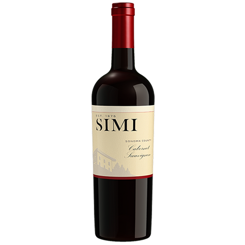 A bottle of 2019 SIMI Cabernet Sauvignon Sonoma County on a light gray background.