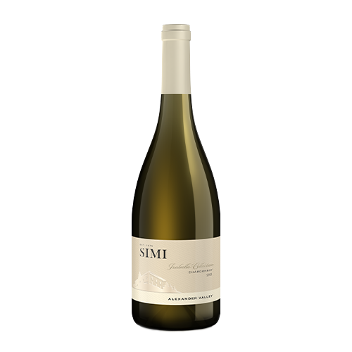 A bottle of 2021 SIMI Isabelle Collection Chardonnay Alexander Valley on a blank background.
