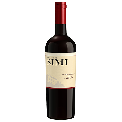 A bottle of 2019 SIMI Merlot Sonoma County on a light gray background.