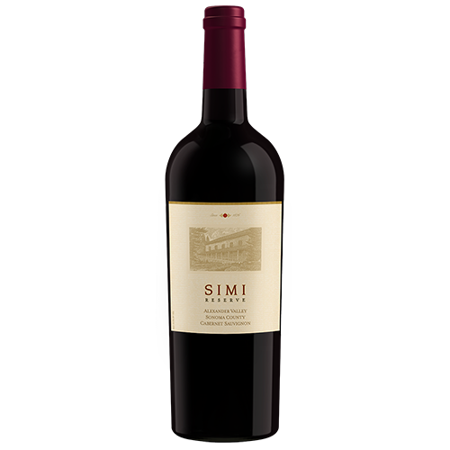 A bottle of 2016 SIMI Reserve Cabernet Sauvignon Alexander Valley on a light gray background with the label facing forward.