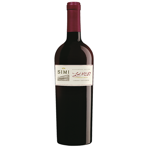 A bottle of 2017 SIMI Winemaker's Select Lot No 287 Belle Terre Cabernet Sauvignon Alexander Valley on a light gray background with the label facing forward.
