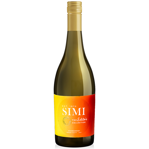 A bottle of 2019 SIMI Editor's Choice Chardonnay Sonoma County on a light gray background.