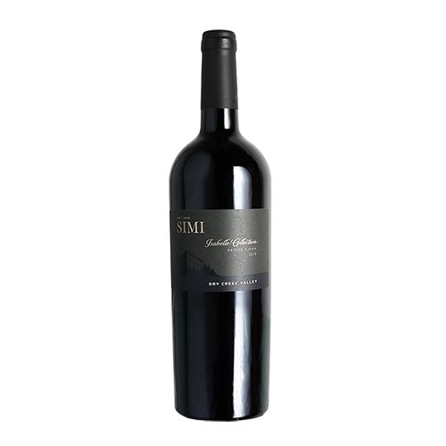 A bottle of 2019 SIMI Isabelle Collection Petite Sirah on a white background.